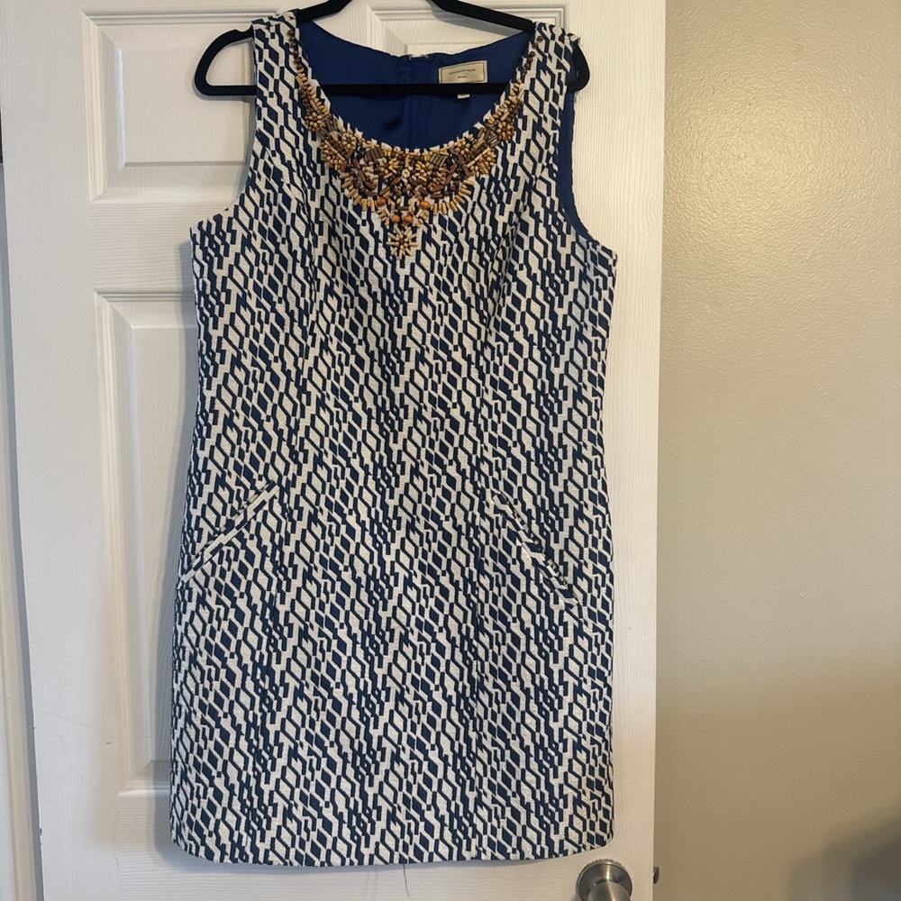 Moulinette Soeurs Blue & White Sleeveless Embellished Neckline Dress
